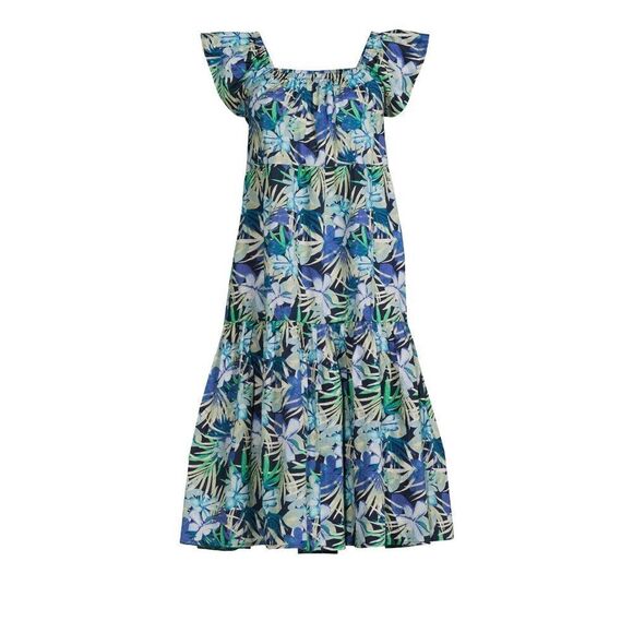 NWT New TIME TRUE Tiered Square Neck Ruffle Sleeve Palm Floral Midi Sundress XS - Picture 4 of 5